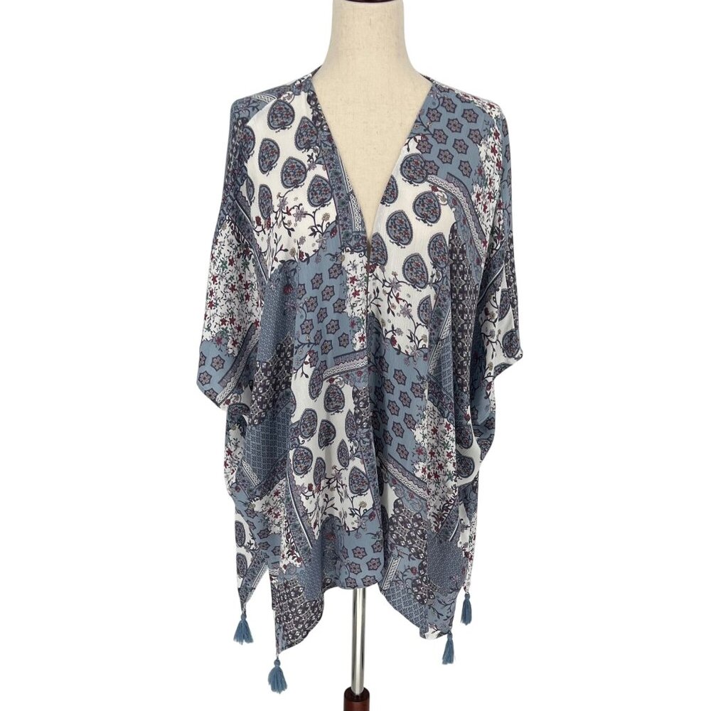 Mittoshop Womens Boho Floral Paisley Print Kimono Size S Blue Open Front Tassels